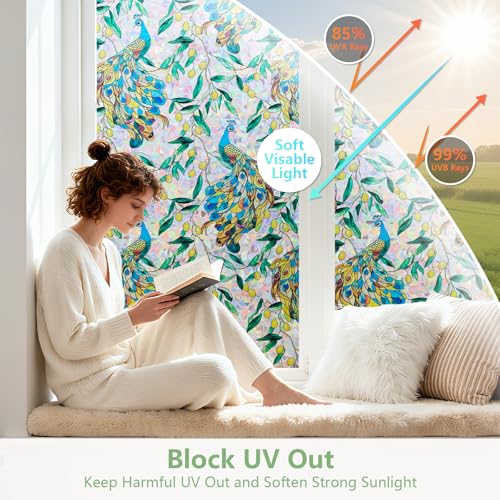 Kromapolis Window Privacy Film, Stained Glass Sticker Floral Window Clings, Decorative Static Clings UV Blocking Colorful Decals, Removable Vinyl Covering Rainbow Peacock, 17.5'' x 78.7'' - Image 4