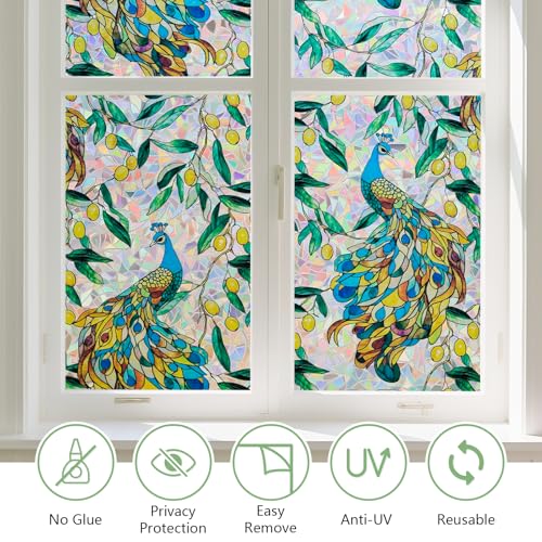 Kromapolis Window Privacy Film, Stained Glass Sticker Floral Window Clings, Decorative Static Clings UV Blocking Colorful Decals, Removable Vinyl Covering Rainbow Peacock, 17.5'' x 78.7'' - Image 3