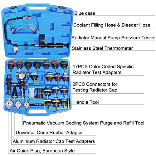YSTOOL Radiator Pressure Tester Pneumatic Vacuum Cooling System Purge Refill Kit 28PCS Universal Automotive Water Tank Leak Test and Coolant Fill Tool Set with Adapters Gauge Case - Image 2