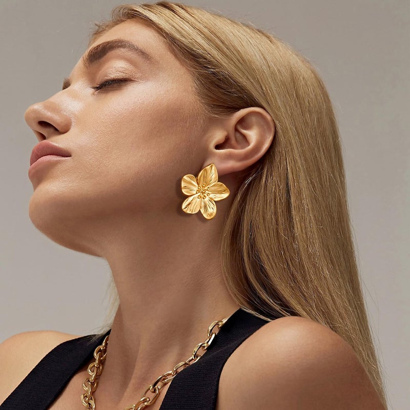 AIDSOTOU Chunky Gold Earrings For Women Trendy Statement Gold Plated Flower Shell Knot Dangle Earrings Lightweight Hypoallergenic Fashion Jewelry Set - Image 3