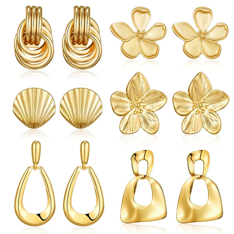 AIDSOTOU Chunky Gold Earrings For Women Trendy Statement Gold Plated Flower Shell Knot Dangle Earrings Lightweight Hypoallergenic Fashion Jewelry Set - Image 1