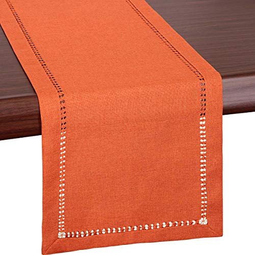 Grelucgo Handmade Hemstitch Orange Thanksgiving Table Runner Or Dresser Scarf Fall Autumn Decorations14 x 72 Inch - Image 1