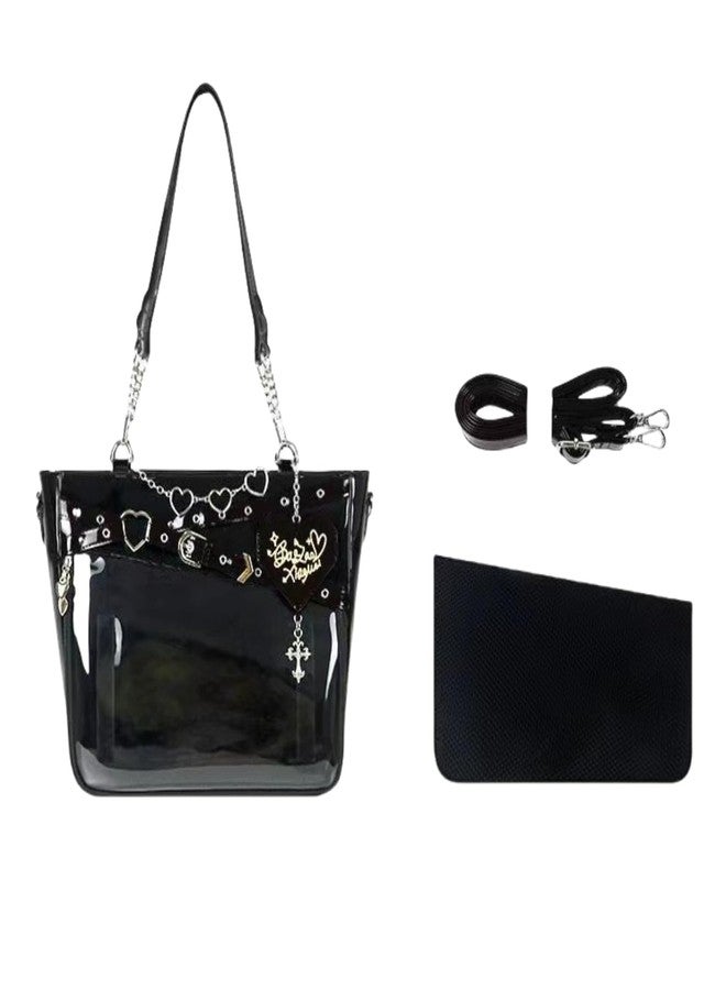 Vobomo Love-Chain Ita Bag Pin Display Single Shoulder Crossbody Bag PU Leather Big Capacity Handbag Clear Purse with Insert, Black, Modern - Image 1