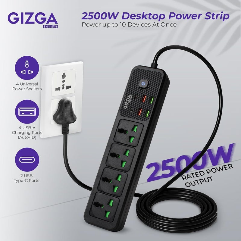 AirCase لوحة تمديد جيزغا إيسينشالز 2500 واط/10 أمبير | 4 مآخذ عالمية مع 2 نوع C و 4 USB A للأجهزة المنزلية والمكتبية | شريط طاقة واقي من زيادة التيار مع سلك بطول 2 متر، غطاء أمان للأطفال، واقي من الارتفاعات المفاجئة - Image 2