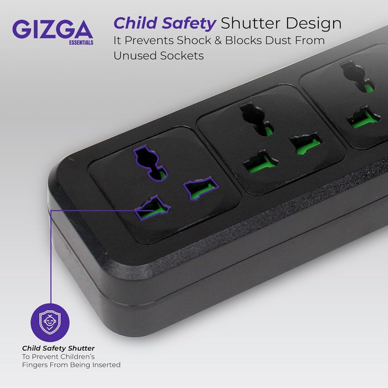 AirCase لوحة تمديد جيزغا إيسينشالز 2500 واط/10 أمبير | 4 مآخذ عالمية مع 2 نوع C و 4 USB A للأجهزة المنزلية والمكتبية | شريط طاقة واقي من زيادة التيار مع سلك بطول 2 متر، غطاء أمان للأطفال، واقي من الارتفاعات المفاجئة - Image 4