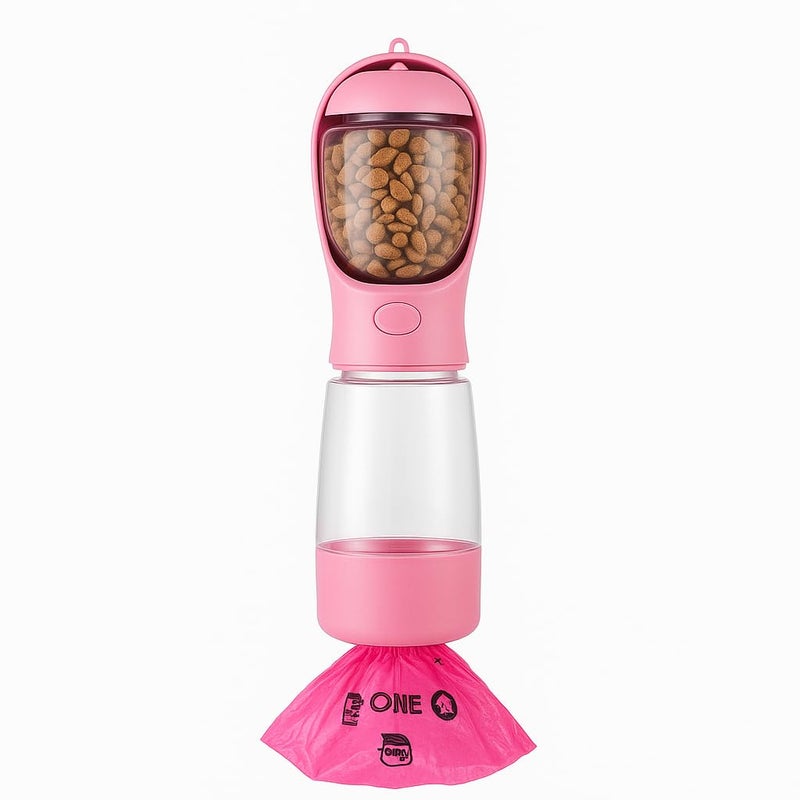 Schmick 3-in-1 Portable Pet Water Bottle with Food Container and Waste Bag Storage - Travel Pet Water Dispenser Bottle (Pink, Medium) - Image 1