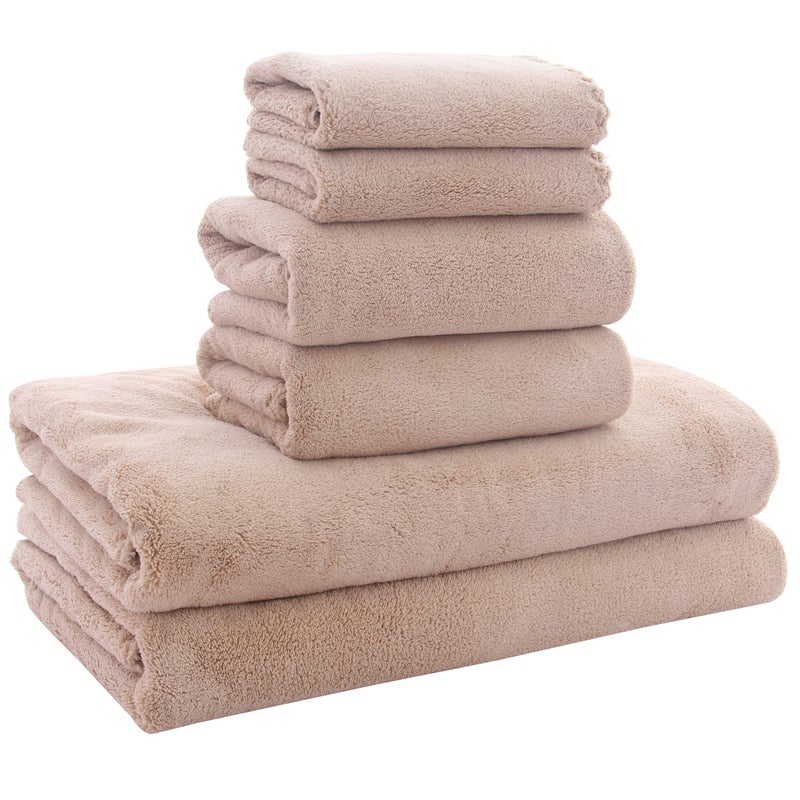 MOONQUEEN Ultra Soft Towel Set  Quick Drying  2 Bath Towels 2 Hand Towels 2 Washcloths  Microfiber Coral Velvet Highly Absorbent Towel for Bath Fitness Sports Yoga Travel Brown 6 Pcs