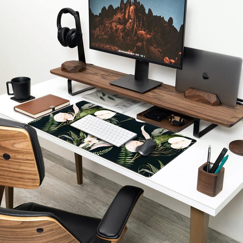 Mechanical Cattle Desk Mat Black and Gold White Rose Flowers Decor Large Keyboard Mouse Pad for Laptop Pc Setup Desk Cover Protector Desk DéCor for Office Home Work Gaming 31.5" X 15.7" Stitched Edge Non-Slip Design - Image 3