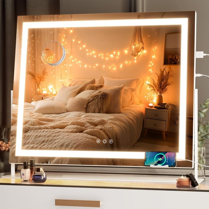 VANITY MIRROR WITH LIGHTS 256 X 213 LED MAKEUP MIRROR LIGHT UP MIRROR WITH 10X MAGNIFICATION AND PHONE HOLDER USB CHARGING PORT SMART TOUCH 3 COLORS DIMMABLE 360 ROTATION WHITE