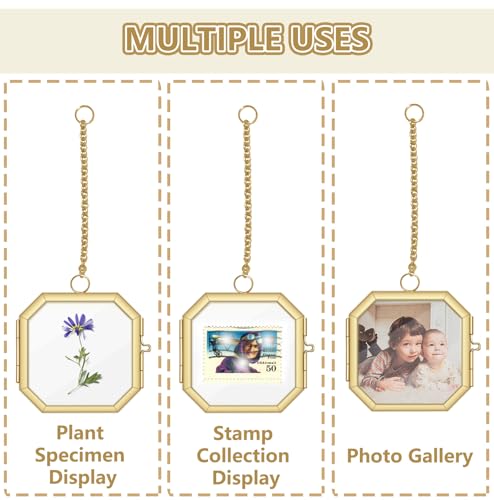 NSdawali Pressed Flower Frames, 2.3 Inch Mini Hanging Double Glass Picture Frame with Chain Brass Wall Hanging Photo Frames Floating Frame for Pressed Flowers DIY Vintage Home Decor (Gold, 2pcs-Octagon) - Image 4