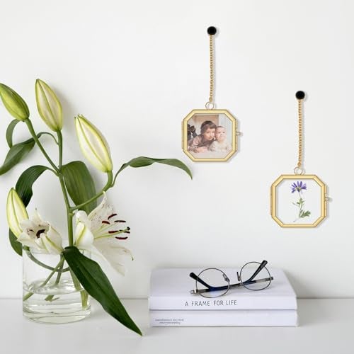 NSdawali Pressed Flower Frames, 2.3 Inch Mini Hanging Double Glass Picture Frame with Chain Brass Wall Hanging Photo Frames Floating Frame for Pressed Flowers DIY Vintage Home Decor (Gold, 2pcs-Octagon) - Image 5