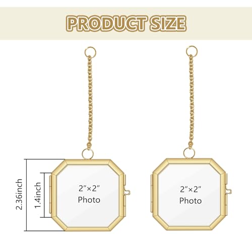 NSdawali Pressed Flower Frames, 2.3 Inch Mini Hanging Double Glass Picture Frame with Chain Brass Wall Hanging Photo Frames Floating Frame for Pressed Flowers DIY Vintage Home Decor (Gold, 2pcs-Octagon) - Image 2