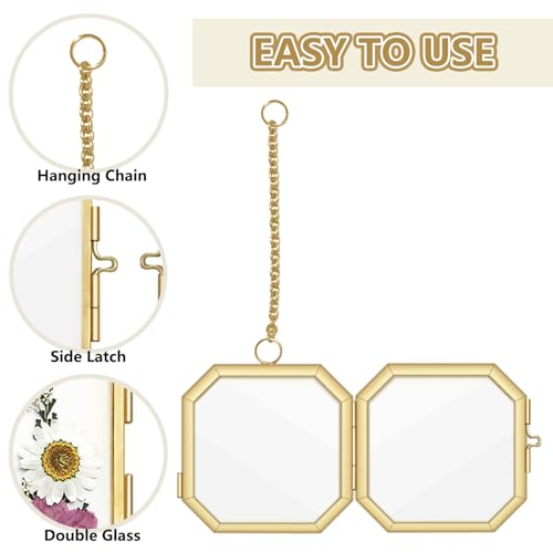 NSdawali Pressed Flower Frames, 2.3 Inch Mini Hanging Double Glass Picture Frame with Chain Brass Wall Hanging Photo Frames Floating Frame for Pressed Flowers DIY Vintage Home Decor (Gold, 2pcs-Octagon) - Image 3
