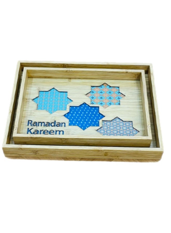 طقم صينية تقديم خشب الخيزران مع قاعدة زجاج شفاف نمط إسلامي رمضان كريم مجموعة من قطعتين حجم مناسب - Image 1