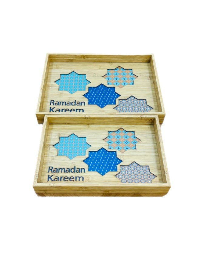 طقم صينية تقديم خشب الخيزران مع قاعدة زجاج شفاف نمط إسلامي رمضان كريم مجموعة من قطعتين حجم مناسب - Image 3
