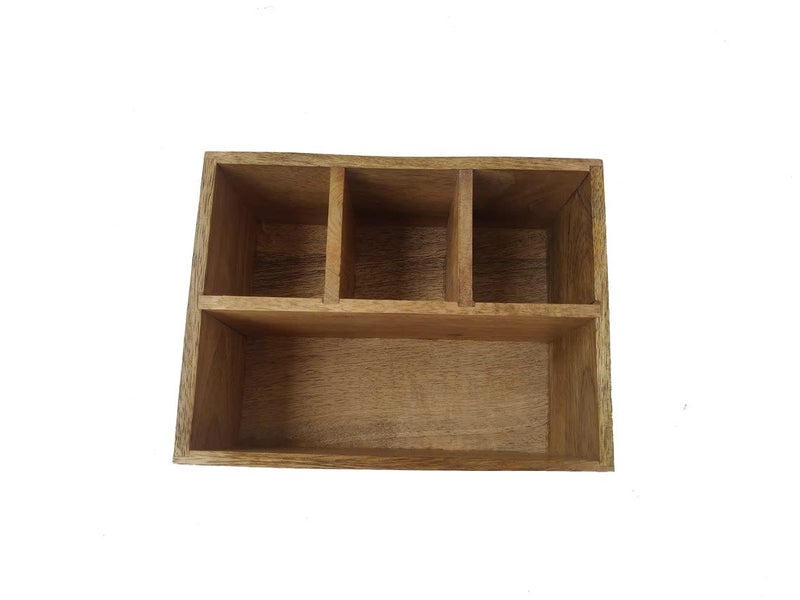 Craftykart Wood Cutlery Holder Wooden Table Caddy Flatware Utensil Holder Spoon Stand With Handle Dining Table Organizer - Brown - Image 4