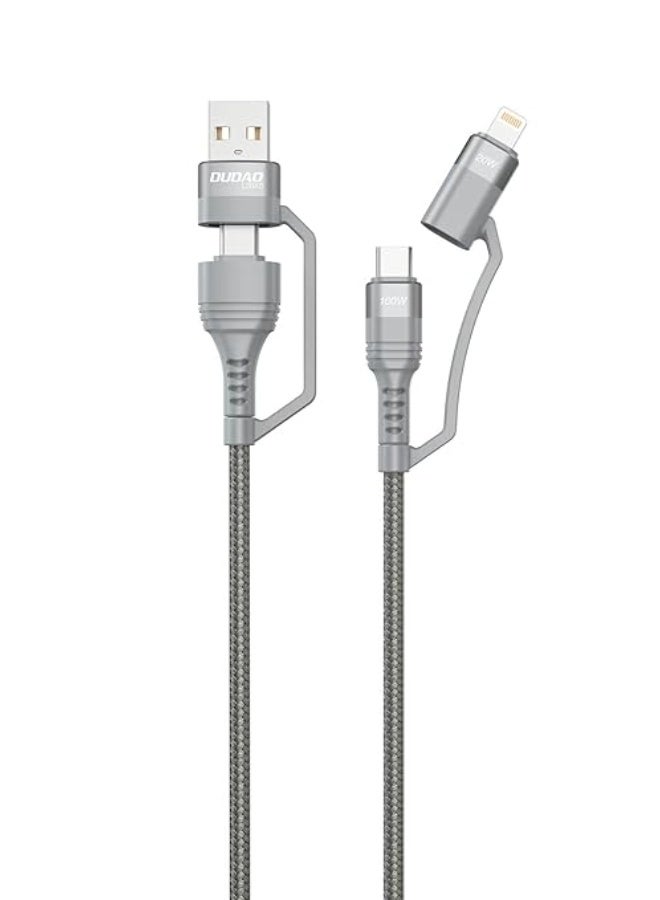 DUDAO L20XS 100W PD 4 in 1 Fast Charging & Data Sync Tough Nylon Braided Unbreakable Cable 1M Multi-Function Data Cable & Data Sync Type-C To Type-C ,Type-C To Ligtning, USB-A To C, USB-A To Ligtning Compatible with all Devices (4 in 1 Grey) - Image 1
