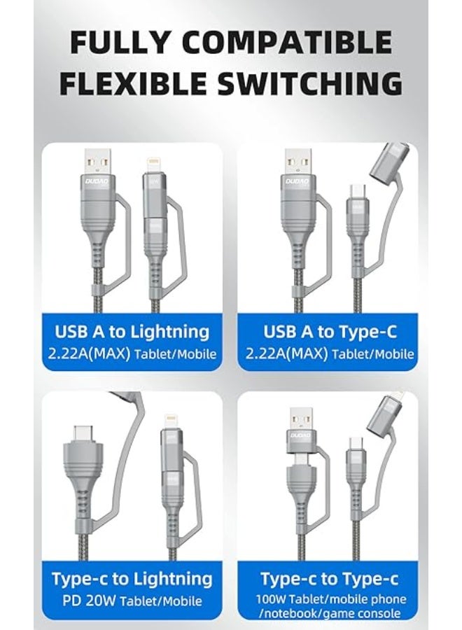 DUDAO L20XS 100W PD 4 in 1 Fast Charging & Data Sync Tough Nylon Braided Unbreakable Cable 1M Multi-Function Data Cable & Data Sync Type-C To Type-C ,Type-C To Ligtning, USB-A To C, USB-A To Ligtning Compatible with all Devices (4 in 1 Grey) - Image 4