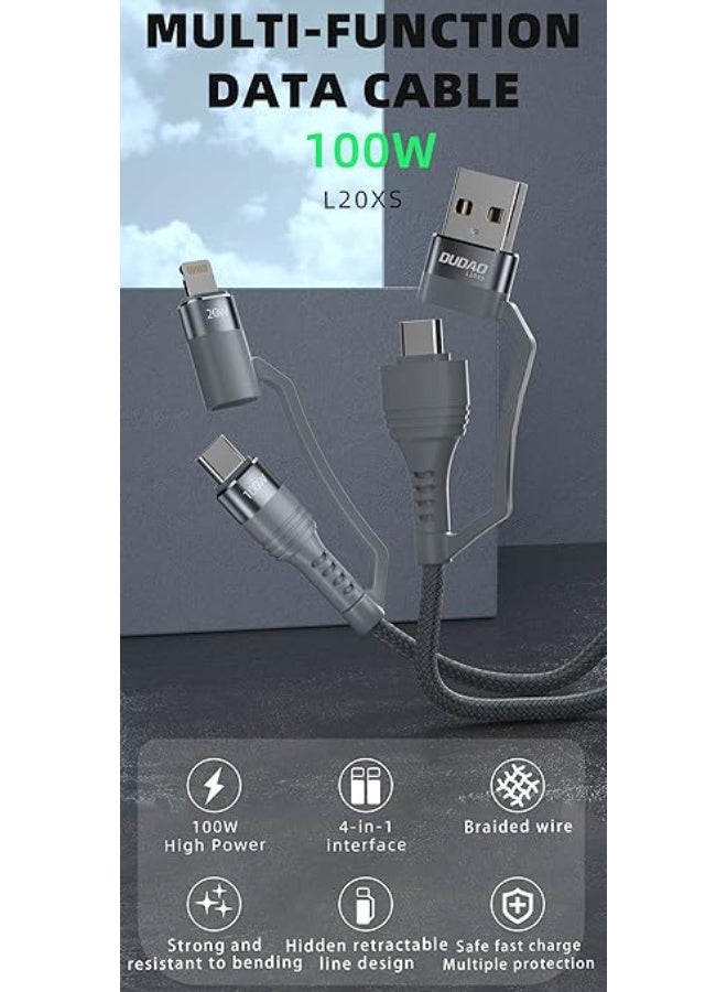 DUDAO L20XS 100W PD 4 in 1 Fast Charging & Data Sync Tough Nylon Braided Unbreakable Cable 1M Multi-Function Data Cable & Data Sync Type-C To Type-C ,Type-C To Ligtning, USB-A To C, USB-A To Ligtning Compatible with all Devices (4 in 1 Grey) - Image 5