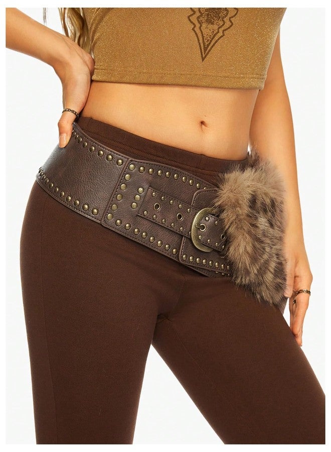 MakeMeChic Women's Leopard Faux Fur Belts Wide Waist Leather Boho Y2k Vintage Cowboy Chic Western Belt Brown 80 - Image 2