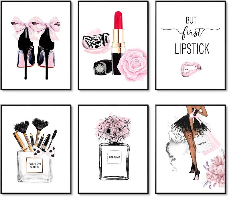 HoozGee Pink Room Decor Fashion Wall Art Prints Set of 6 Pink Canvas Prints Wall Decor Flower Perfumes Lipstick Makeup Art Posters Girls Room Decor for Bedroom Decor (11"x14" UNFRAMED) - Image 1