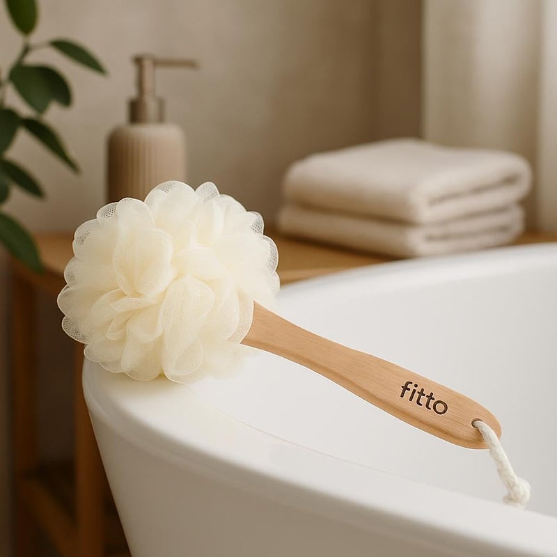Fitto Shower Loofah Body & Back Scrubber - Exfoliating Luffa Bath Brush on a Stick - Image 2