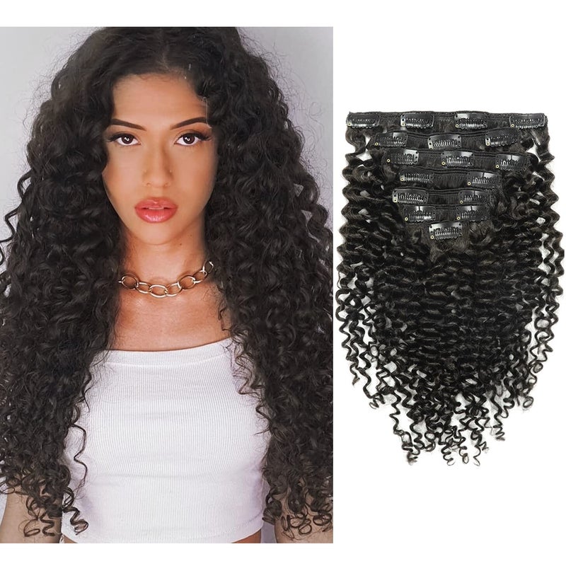 Caliee 3B 3C Curly Clip in Hair Extensions 22Inch Natural Black 1B Jerry Curly Human Hair Extensions Full Head 8A Thick End Hair Extensions JC Clip Ins 120G 7Pcs with 17ClipsSet