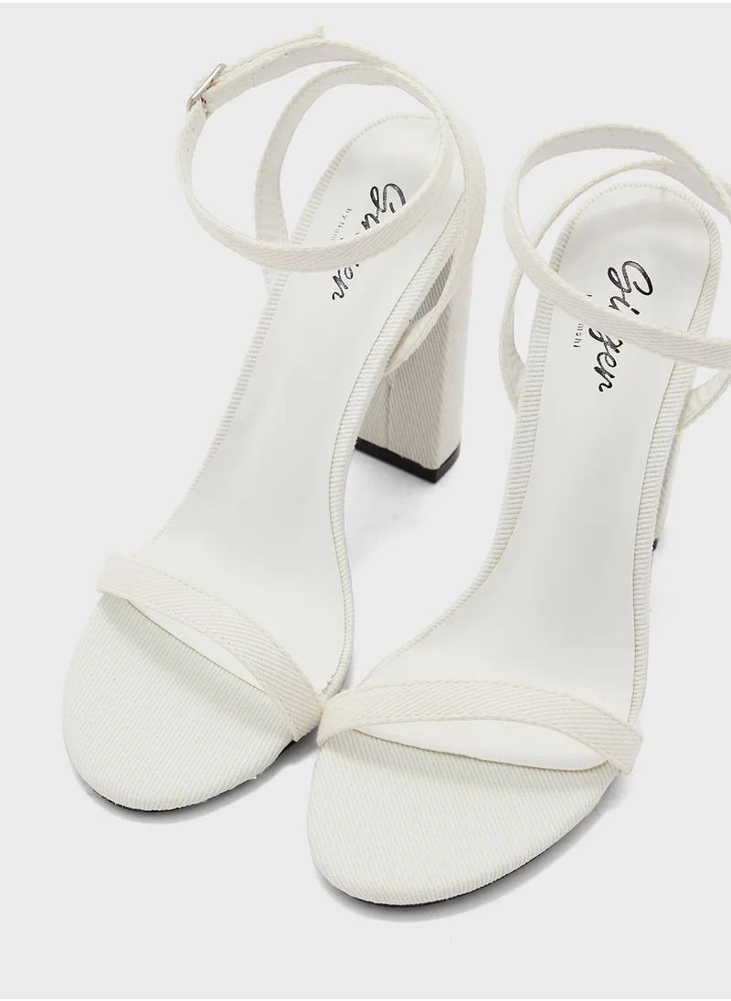 Ginger Denim Ankle Strap Heel Sandals