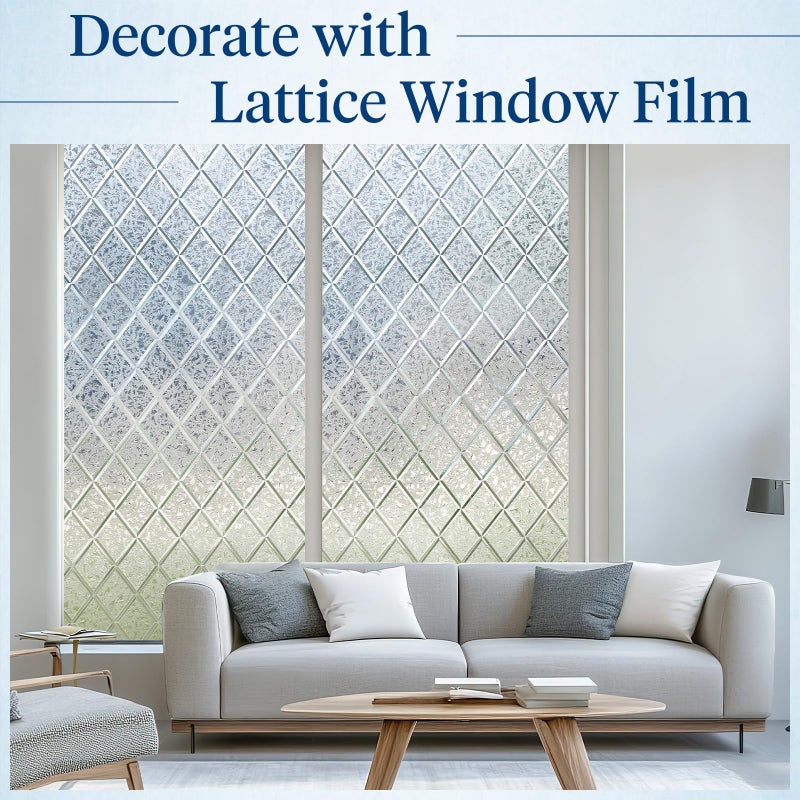 Haton Window Privacy Film Decorative Frosted Glass Window Film, Sun Blocking Stained Glass Clings, Static Cling Removable Stickers for Home Door Coverings, Lattice Pattern 17.5" x 78.7" - Image 2