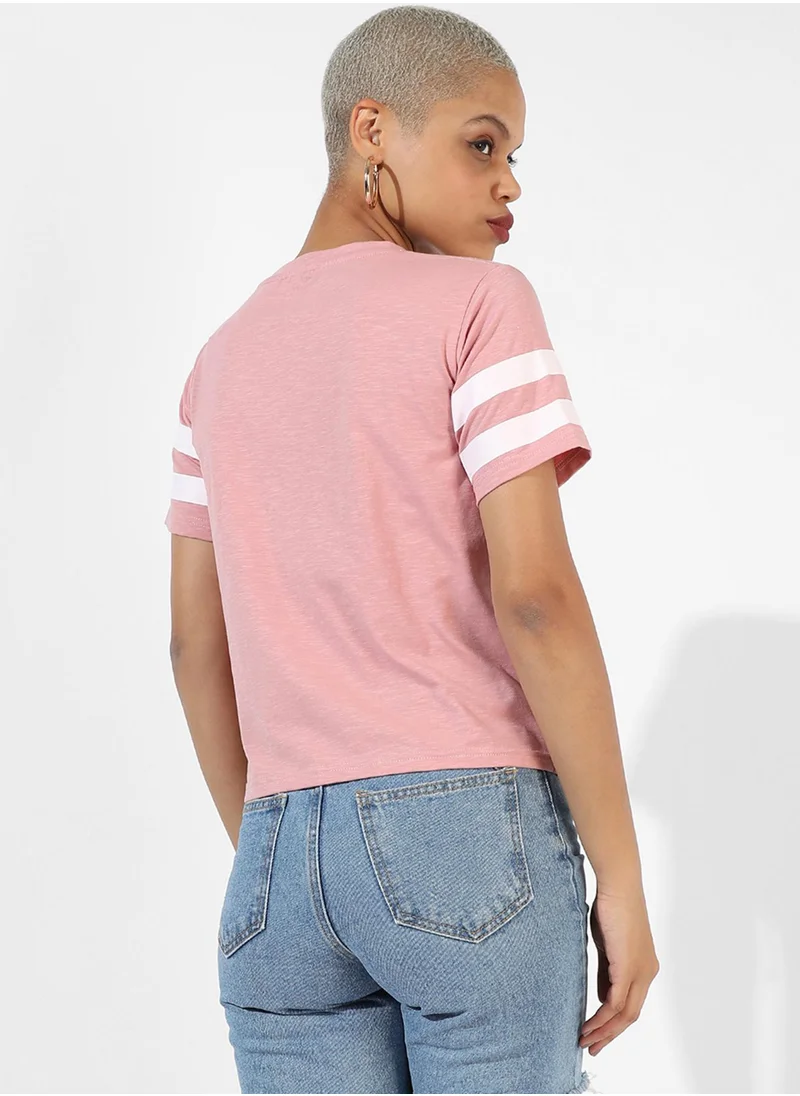 Campus Sutra Campus Sutra Women's Pink Solid Regular Fit Top For Casual Wear | Crewneck | Short Sleeve | Top Crafted With Regular Sleeve, Comfort Fit & High-Performance For Everyday Wear