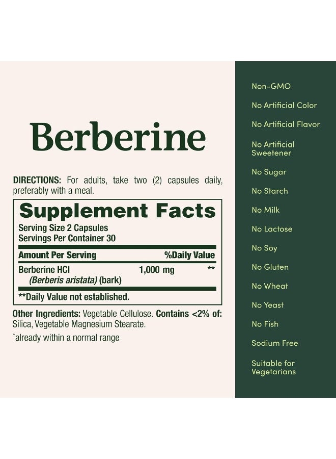 ناتشرز باونتي كبسولات بربرين 1000 ملغ، تدعم صحة القلب، وتحافظ على مستويات الكوليسترول وسكر الدم ضمن المعدل الطبيعي، مكمل غذائي غير معدل وراثيًا، 60 كبسولة - Image 2