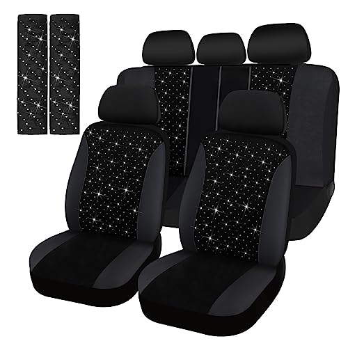 Hanaive Car Seat Cover Full Set Bling Women Velvet Auto Interior Covers Breathable Black Mesh Vehicle Seat Protector Universal Fit for Most of Sedan SUV Truck Minivan Airbag CompatibleSilver - Image 1