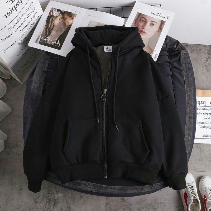 Japanese Zip Hoodie Mens Trendy Casual Jacket Black (plus thin velvet) 