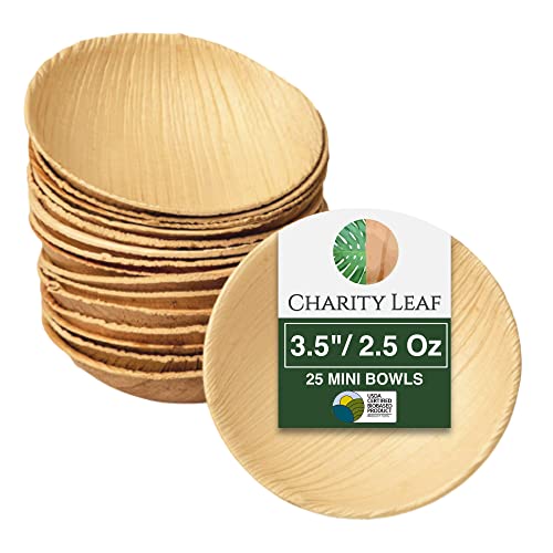 Charity Leaf Disposable Palm Leaf 3.5" Round Mini Bowl (25 pcs) Dipping Bowls | Bamboo Like| All Natural and Biodegradable | Charcuterie Boards, BBQs, and Parties - Image 1