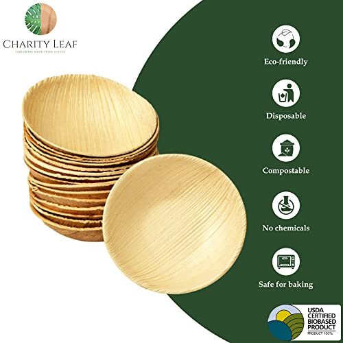Charity Leaf Disposable Palm Leaf 3.5" Round Mini Bowl (25 pcs) Dipping Bowls | Bamboo Like| All Natural and Biodegradable | Charcuterie Boards, BBQs, and Parties - Image 2