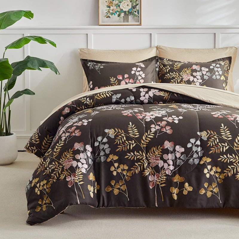 AIKASY Bed in a Bag 7 Pieces Queen Size Floral Print Soft Microfiber Reversible Bed Comforter Set 1 Comforter 2 Pillow Shams 1 Flat Sheet 1 Fitted Sheet 2 PillowcasesBlack Queen