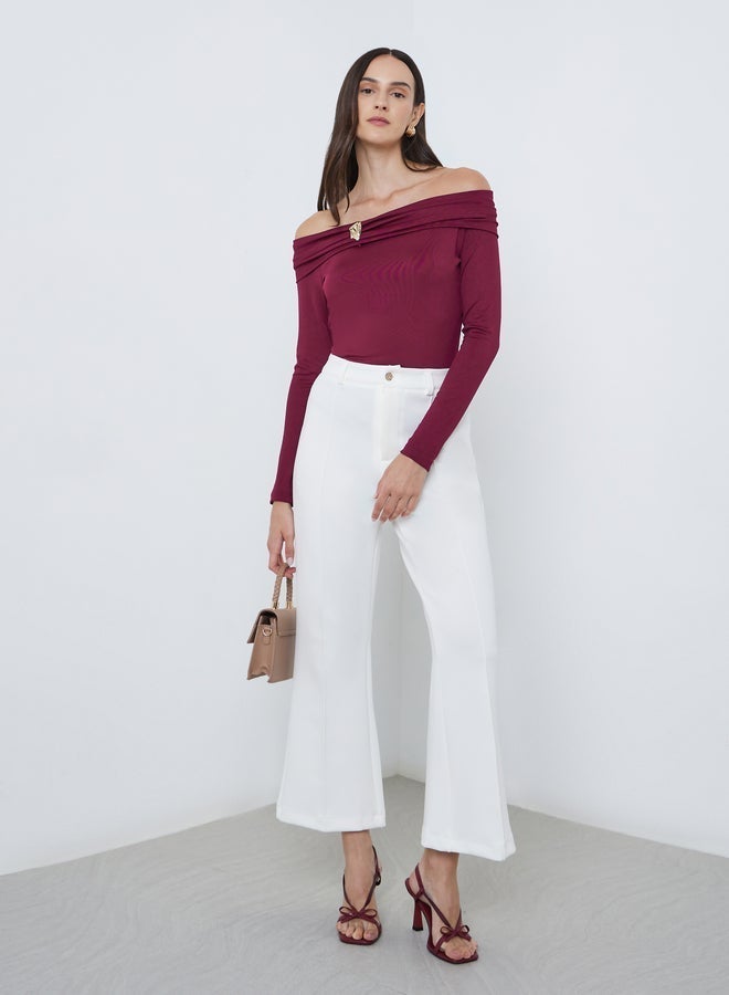 Styli Burgundy Off-Shoulder Long Sleeve Knit Top - Image 2