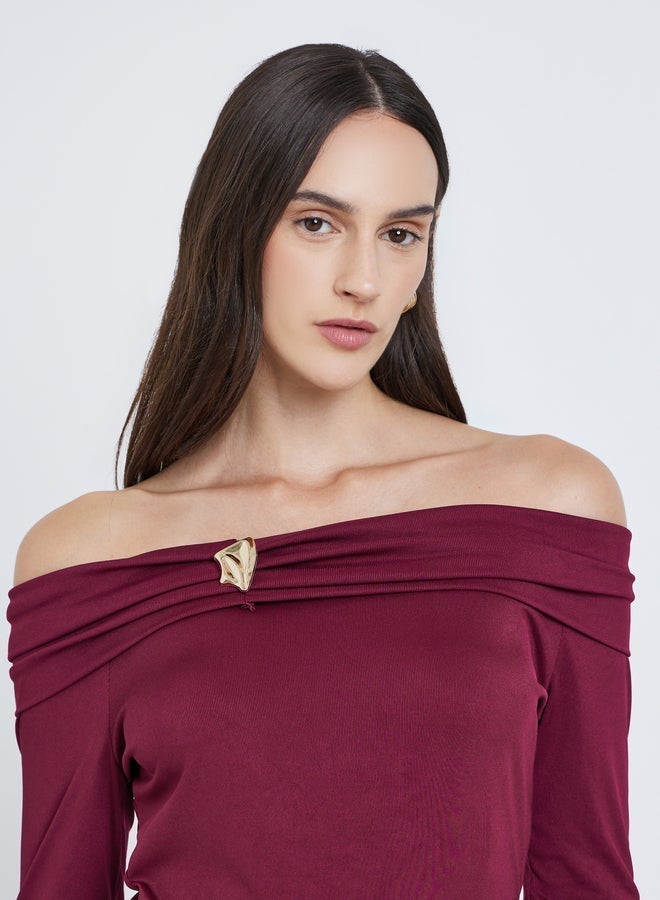 Styli Burgundy Off-Shoulder Long Sleeve Knit Top - Image 3