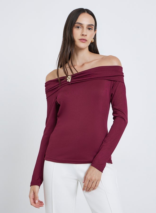 Styli Burgundy Off-Shoulder Long Sleeve Knit Top - Image 1