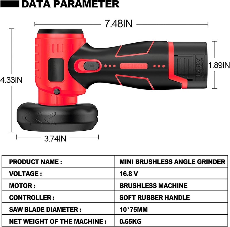 ZFULVO Brushless Cordless Angle Grinder Kit, 19500rpm Mini Electric Angle Grinding Tool with 2x16.8V 2000mAh Battery and 6-Cutting Discs, Grinder Handheld Cutter for Metal Wood - Image 2