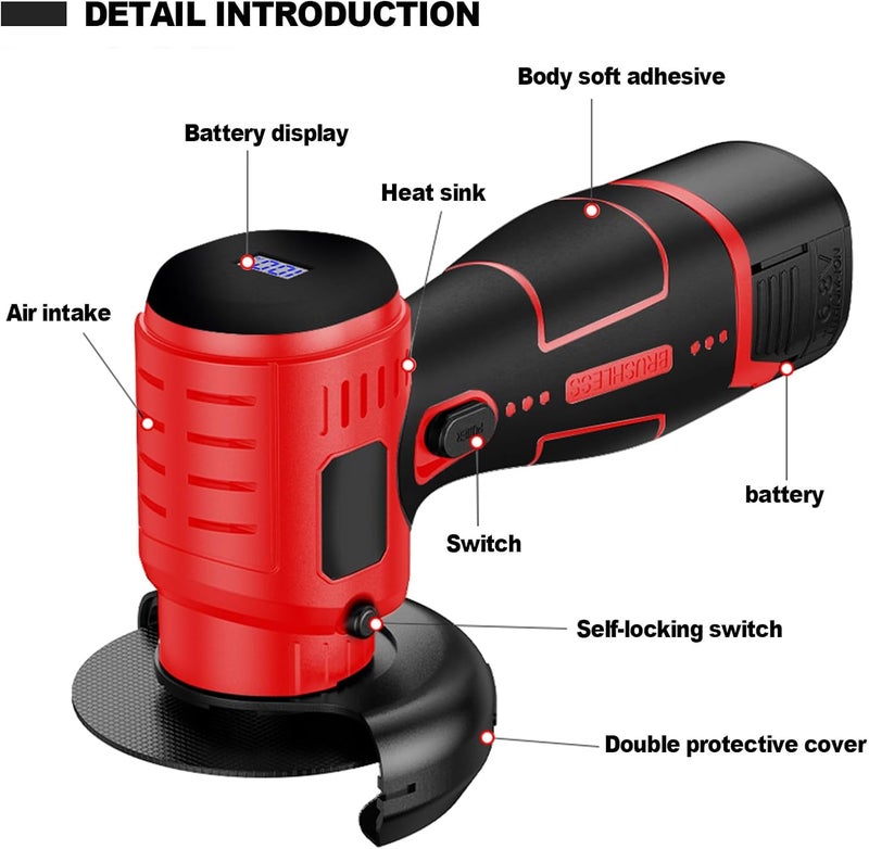 ZFULVO Brushless Cordless Angle Grinder Kit, 19500rpm Mini Electric Angle Grinding Tool with 2x16.8V 2000mAh Battery and 6-Cutting Discs, Grinder Handheld Cutter for Metal Wood - Image 3