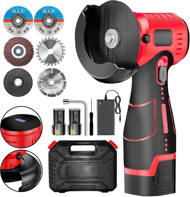 ZFULVO Brushless Cordless Angle Grinder Kit, 19500rpm Mini Electric Angle Grinding Tool with 2x16.8V 2000mAh Battery and 6-Cutting Discs, Grinder Handheld Cutter for Metal Wood - Image 1