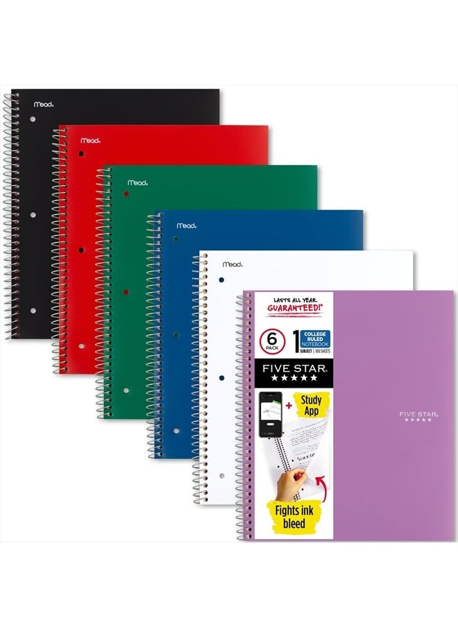 Five Star Spiral Notebook + Study App, 6 Pack, 1 Subject, College Ruled Paper, 8-1/2" x 11", 100 Sheets, Fights Ink Bleed, Water Resistant Cover, Black, Red, Blue, Green, White, Purple (38052)  - Image 1