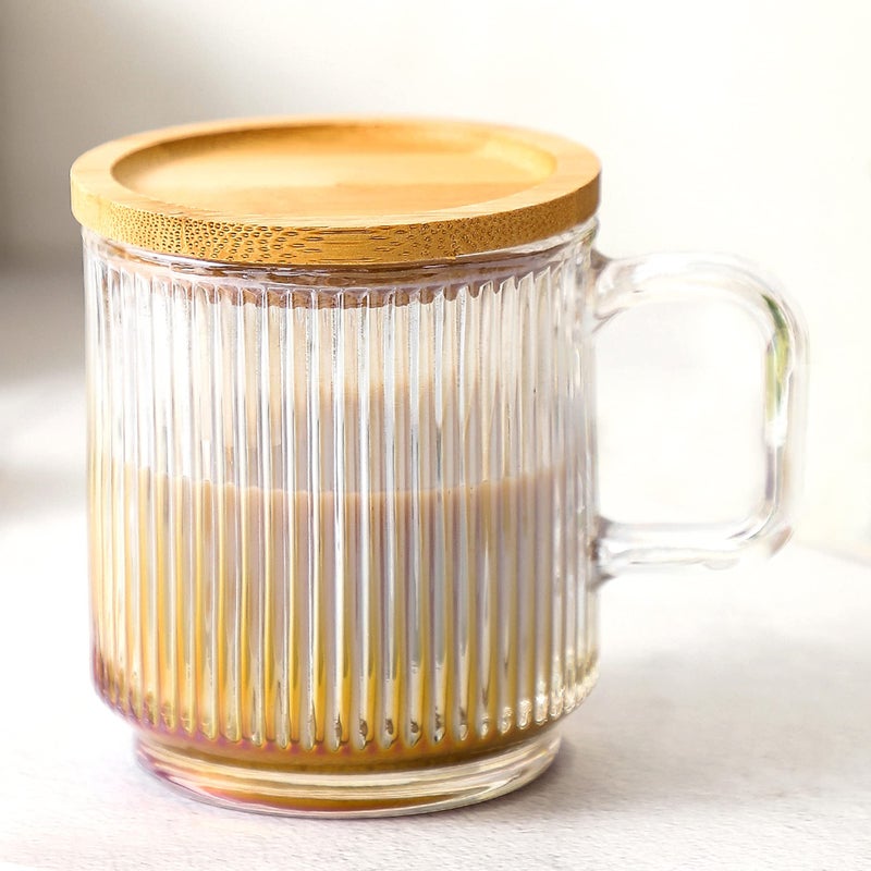 Lysenn Iridescent Glass Coffee Mug with Lid - Premium Classical Vertical Stripes Glass Tea Cup - for |Latte|Tea|Chocolate|Juice|Water| - Unleaded - Bamboo Lid - 12.5 Ounces - Image 1