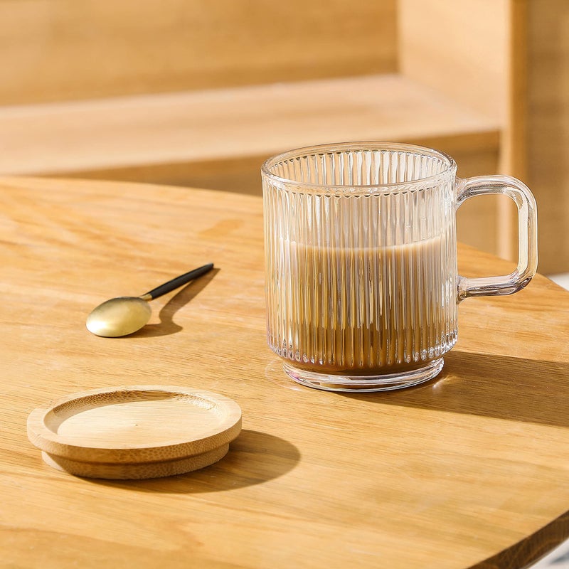 Lysenn Iridescent Glass Coffee Mug with Lid - Premium Classical Vertical Stripes Glass Tea Cup - for |Latte|Tea|Chocolate|Juice|Water| - Unleaded - Bamboo Lid - 12.5 Ounces - Image 5