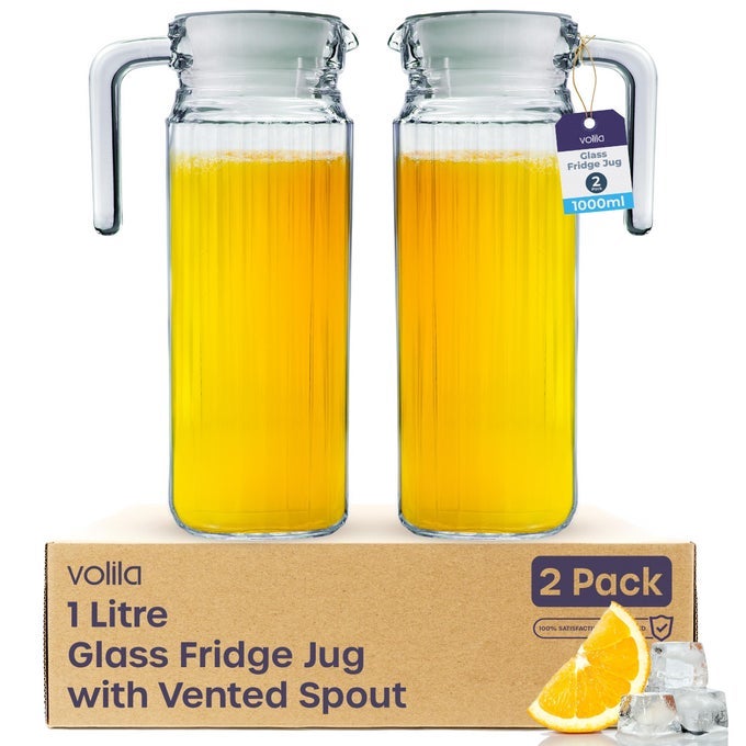 FRIDGE JUG 1L GLASS WATER JUG WITH LID 2 PACK CLEAR WATER PITCHER WITH RIBBED GLASS JUG DESIGN HANDLE FOR FRIDGE SHELF EVERYDAY USE WITH VENTED SPOUT JUICES PIMMS PICNICS