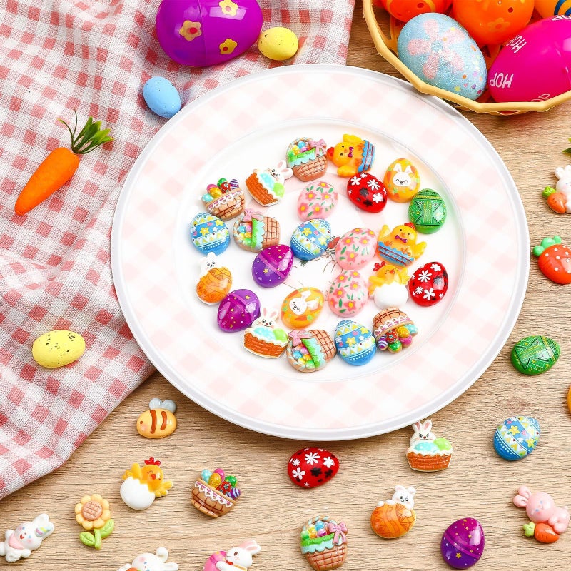 DTOFOOT 60 Pcs Mini Easter Resin Charms,Tiny Egg Bunny Flatback Charms Figurines 24 Unique Designs for Easter Basket Stuffers Spring Decor DIY Craft Making - Image 3