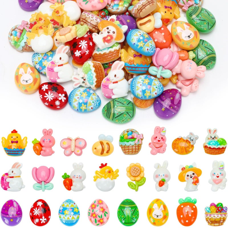 DTOFOOT 60 Pcs Mini Easter Resin Charms,Tiny Egg Bunny Flatback Charms Figurines 24 Unique Designs for Easter Basket Stuffers Spring Decor DIY Craft Making - Image 1