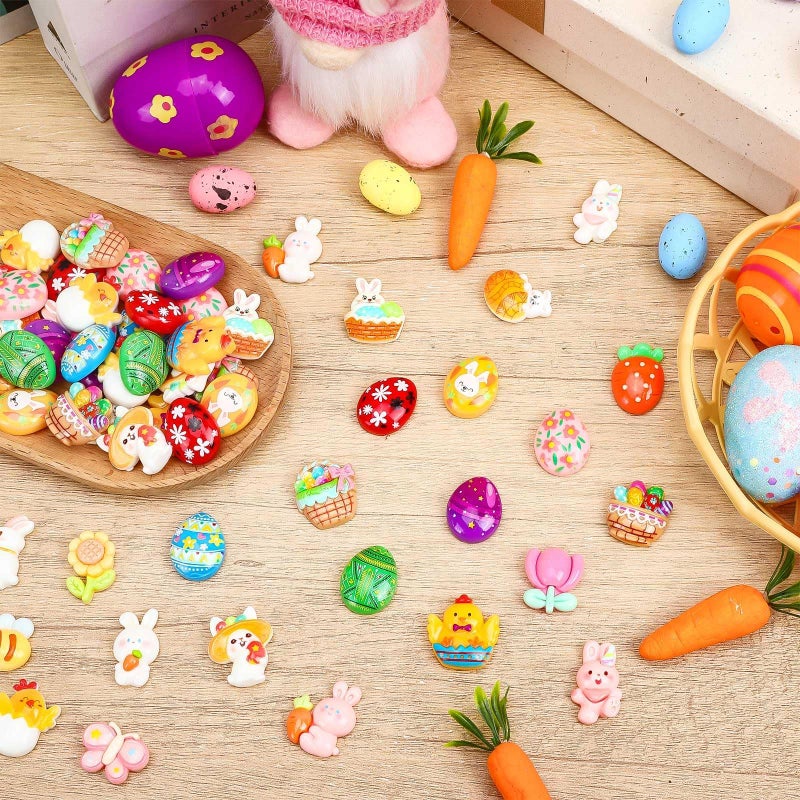 DTOFOOT 60 Pcs Mini Easter Resin Charms,Tiny Egg Bunny Flatback Charms Figurines 24 Unique Designs for Easter Basket Stuffers Spring Decor DIY Craft Making - Image 4