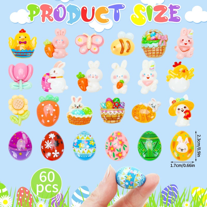 DTOFOOT 60 Pcs Mini Easter Resin Charms,Tiny Egg Bunny Flatback Charms Figurines 24 Unique Designs for Easter Basket Stuffers Spring Decor DIY Craft Making - Image 2